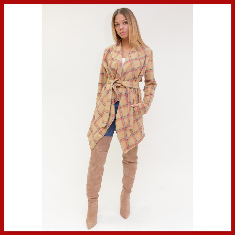 NWT Asymmetrical Belted Cardigan Jacket Tan Orange